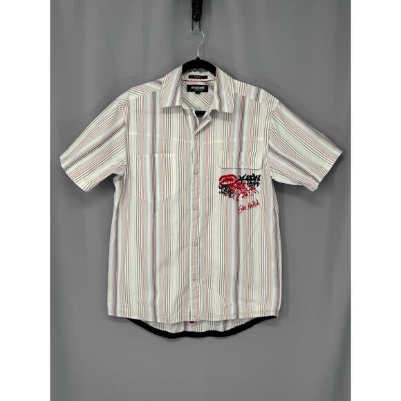 Ecko Unltd Shirt Mens XL Striped Short Sleeve Button Up Graffiti Embroidered Y2k - Picture 1 of 12